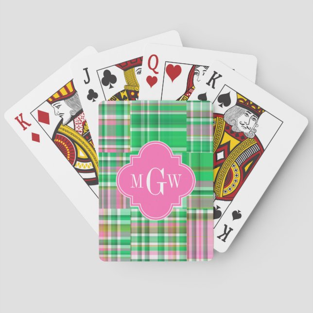 Emerald Hot Pink Preppy Patchwork Madras Monogram Spielkarten (Rückseite)