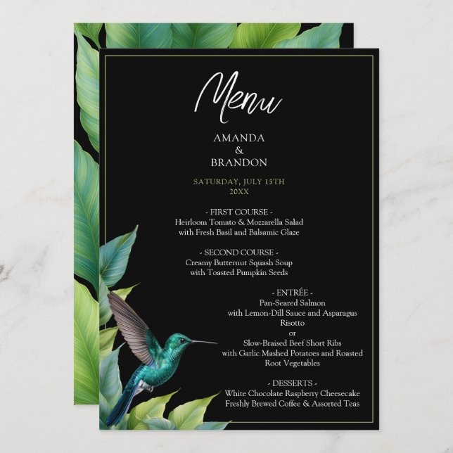 Emerald Hummingbird Tropical Blätter Wedding Menükarte (Vorne/Hinten)