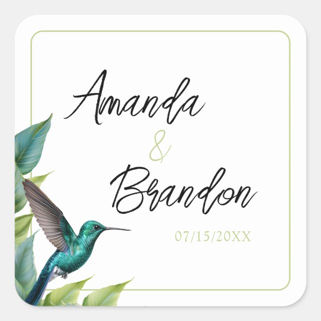 Emerald Hummingbird Tropical Blätter Wedding Quadratischer Aufkleber (Vorderseite)