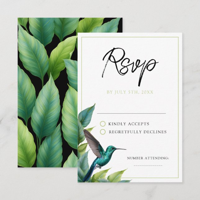 Emerald Hummingbird Tropical Blätter Wedding RSVP Karte (Vorne/Hinten)