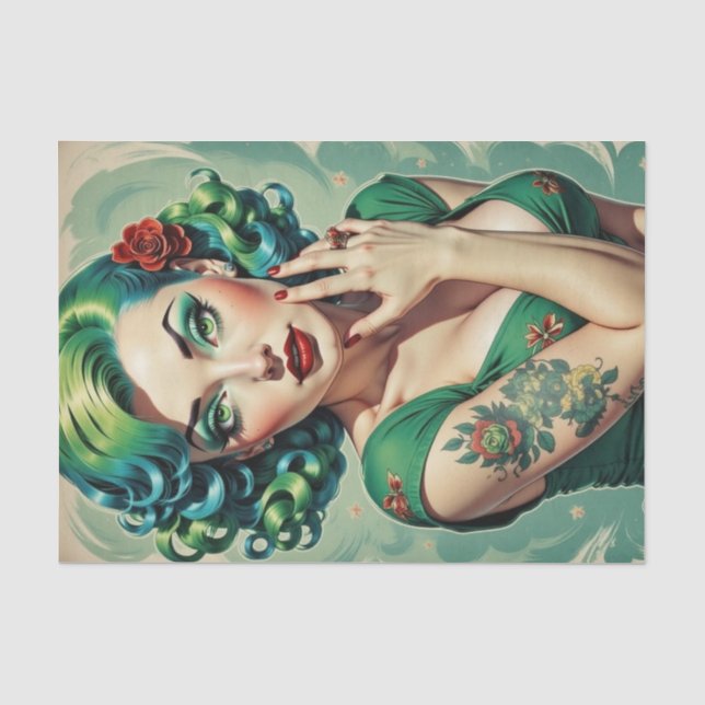 Emerald Ink Button-Up Girl mit Tattoos Decoupage Seidenpapier (Vorderseite)