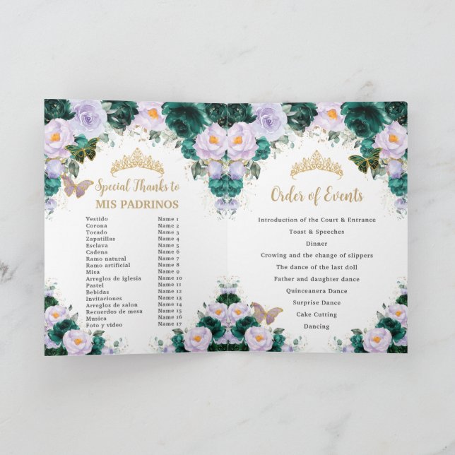 Emerald Lila Floral Quinceñera Orden der Veranstal Programm (Innenseite)