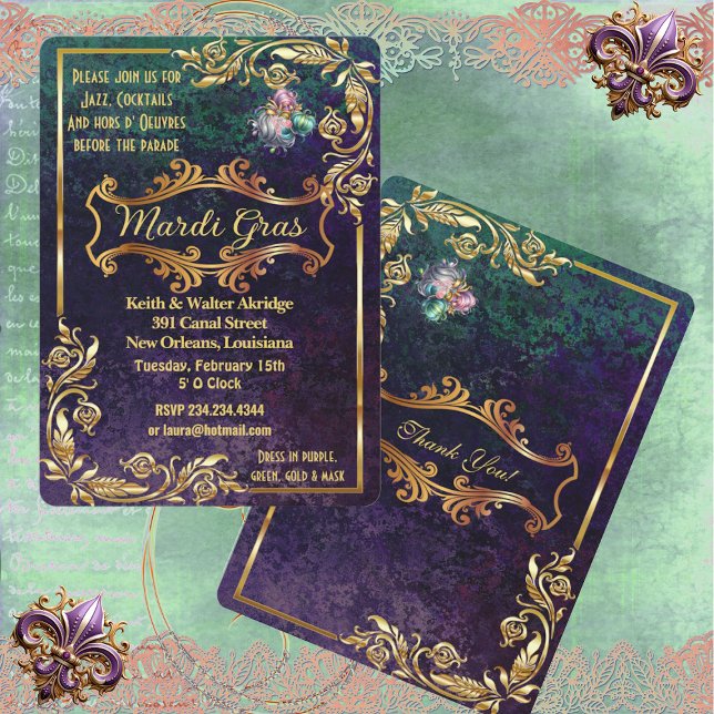 Emerald Lila Golden Mardi Gras Masquerade Party Einladung (Emerald Purple Golden Mardi Gras Masquerade Party Invitation)