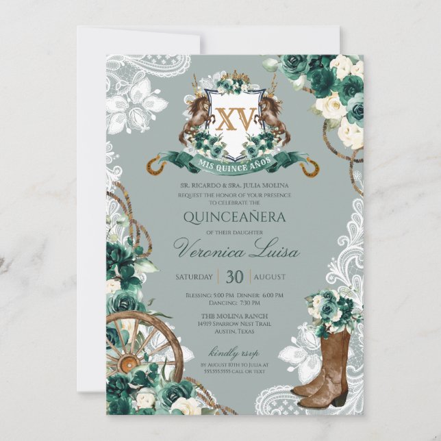 Emerald Mint Green Floral Wappen Charro Quinceaner Einladung (Vorderseite)