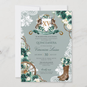 Emerald Mint Green Floral Wappen Charro Quinceaner Einladung