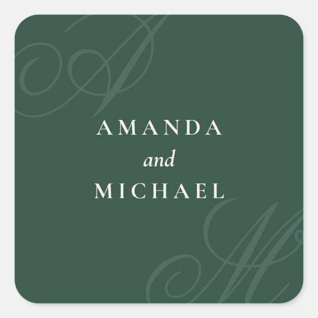 Emerald Modern Edge-elegante Monogram-Hochzeit Quadratischer Aufkleber (Vorderseite)