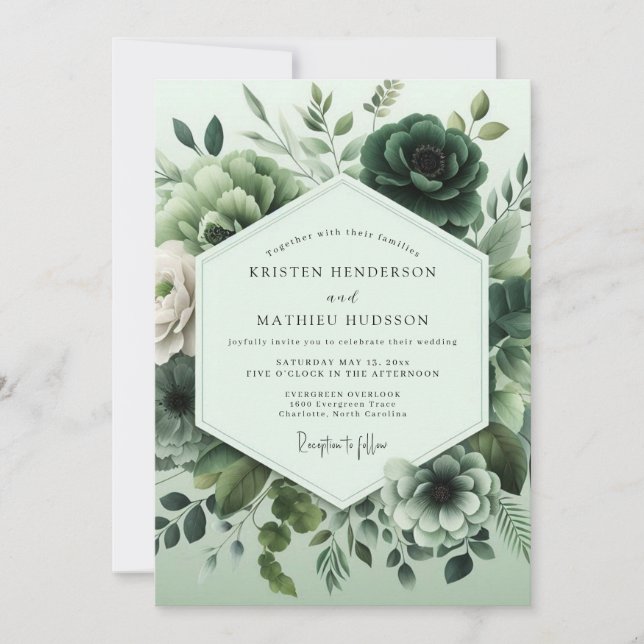 Emerald Monochromatic Bloom Wedding Einladung (Vorderseite)