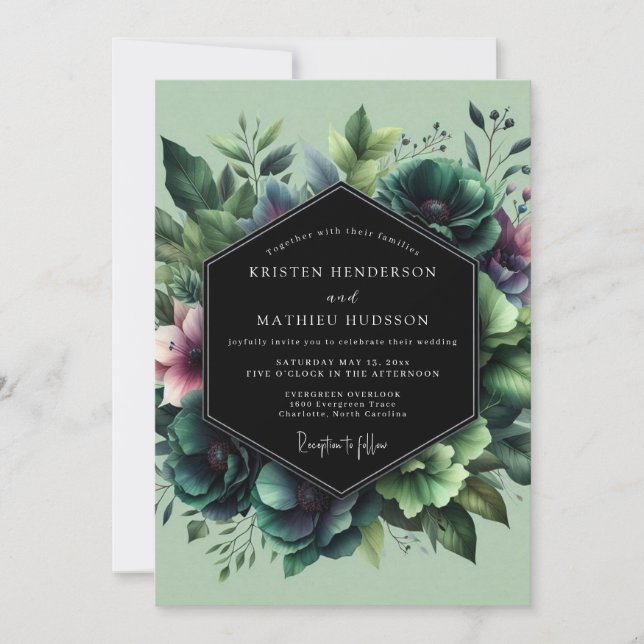 Emerald Moody Bloom Hochzeit Einladung (Vorderseite)