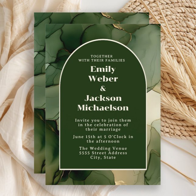 Emerald Olive Green Gold Floral Arch Wedding Einladung (Emerald/olive green wedding invitation)