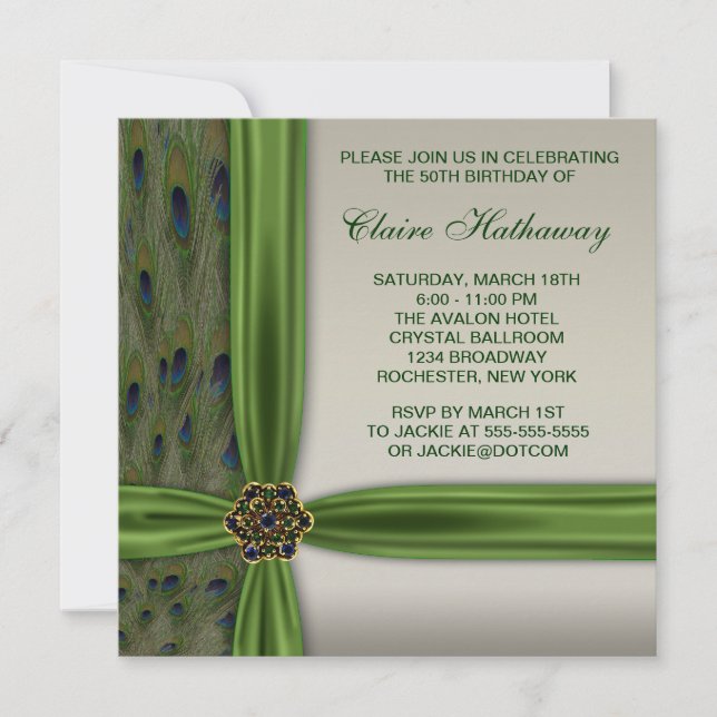Emerald Peacock Gold 50th Birthday Invitations (Devant)