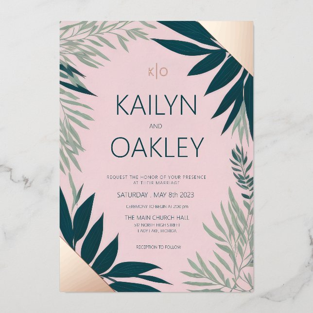 Emerald Pink Foliage Green Wedding Rose Gold Folieneinladung (Vorderseite)