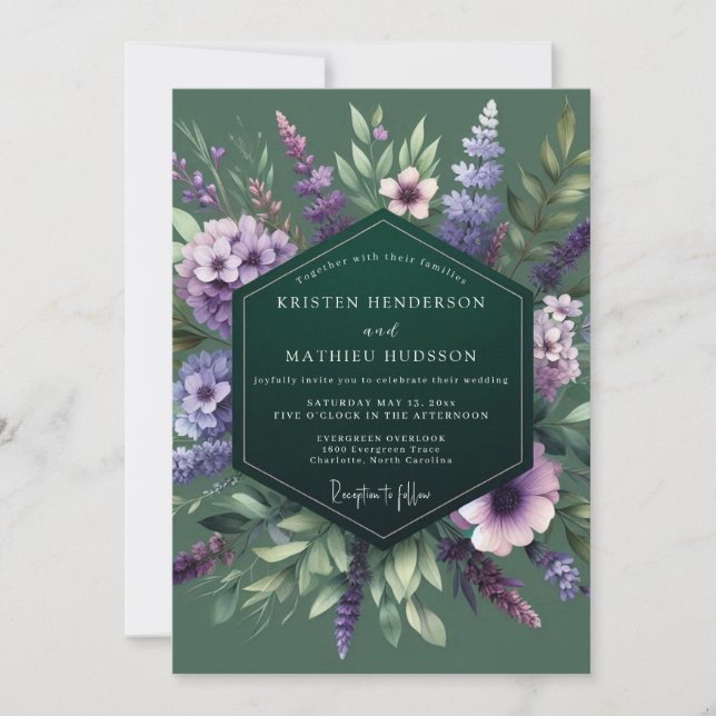 Emerald Purple Wildflower Wedding Einladung (Vorderseite)