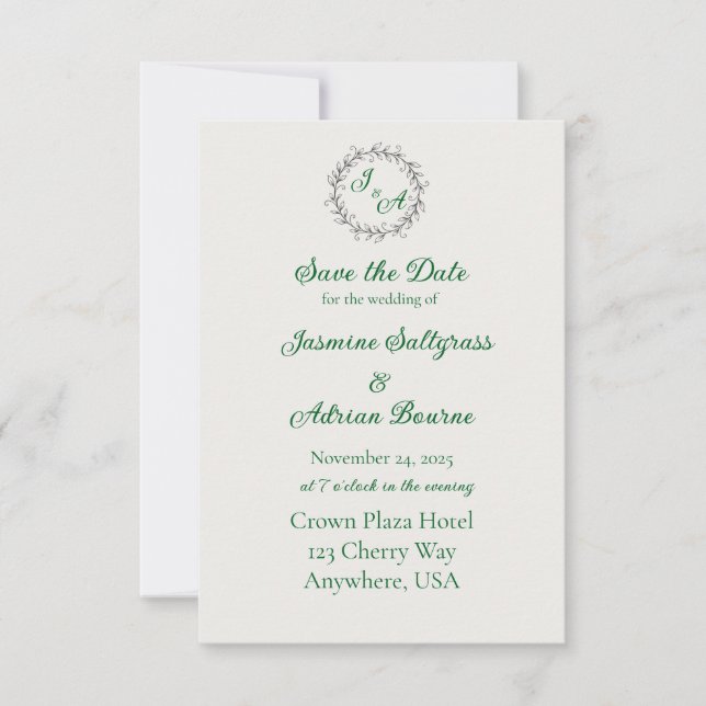 Emerald-Reben-Hochzeit Save The Date (Vorderseite)