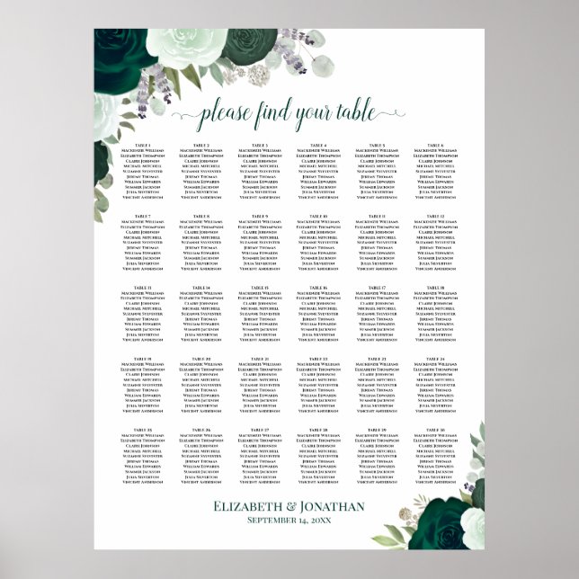 Emerald Rose Chic 30 Table Wedding Seating Chart Poster (Vorne)