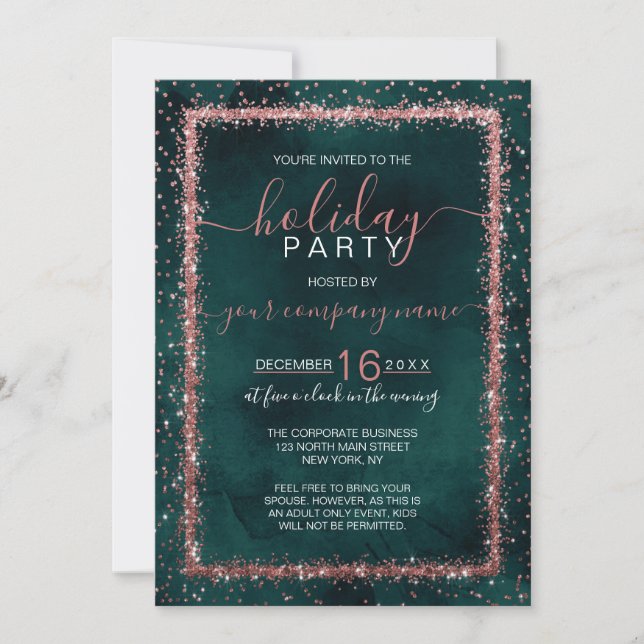 Emerald Rose Gold Confetti Corporate Holiday Einladung (Vorderseite)