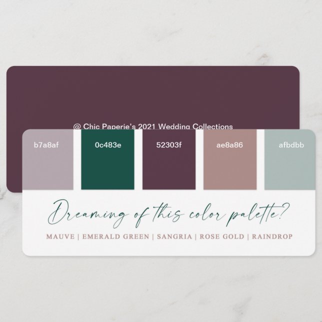 Emerald & Rose Gold Wedelfarbenkarte Einladung (Vorne/Hinten)