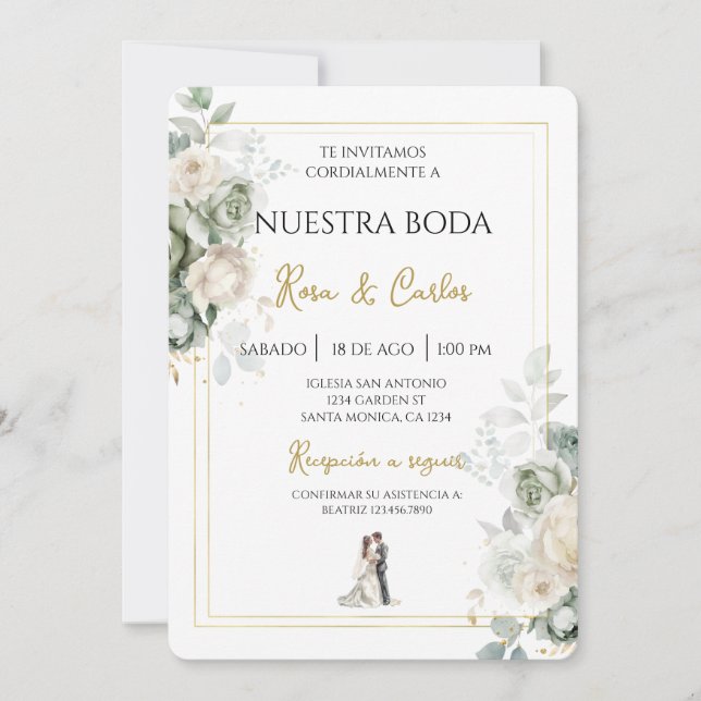 Emerald sage Spanish Wedding Invitation Einladung (Vorderseite)