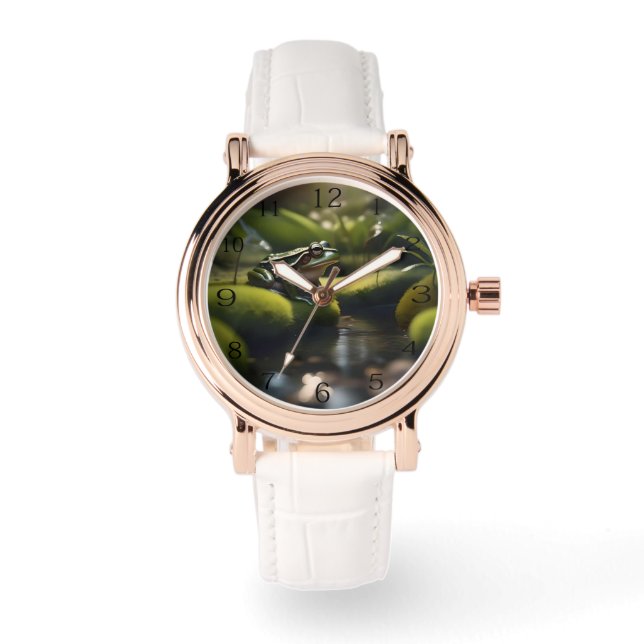 Emerald Serenity: Ein grüner Frosch am Fluss, Armbanduhr (Vorderseite)