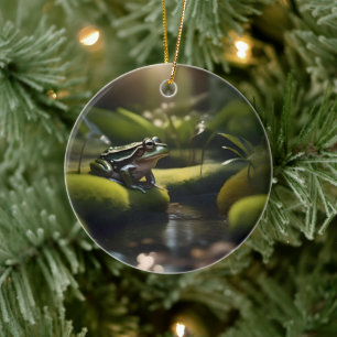 Emerald Serenity: Ein grüner Frosch am Fluss, Keramik Ornament