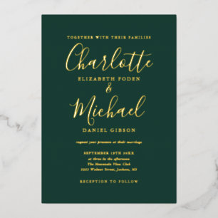 Emerald Signature Script Calligraphy Wedding Gold Folieneinladung