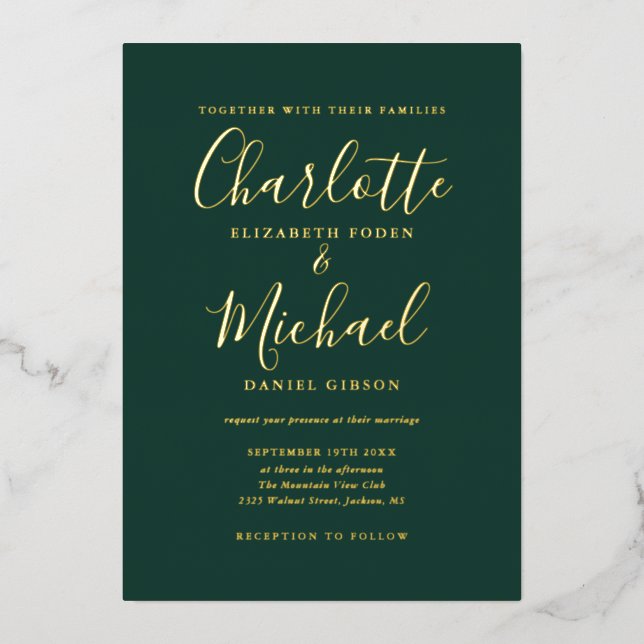 Emerald Signature Script Calligraphy Wedding Gold Folieneinladung (Vorderseite)