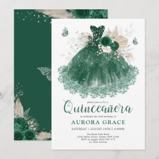 Emerald Silver Blume Quinceañera Mis Quince Anos Einladung