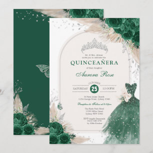 Emerald Silver Boho Rose Princess Quinceañera Einladung
