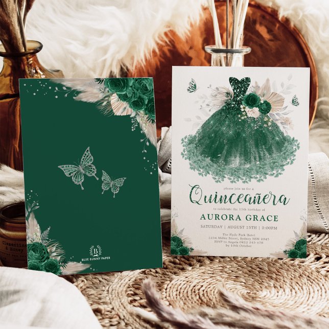 Emerald Silver Floral Quinceañera Dress Mis Quince Einladung (Von Creator hochgeladen)