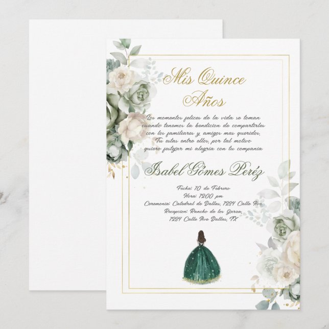 Emerald Spanish Quinceanera Einladung (Vorne/Hinten)