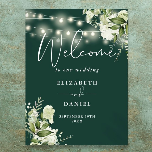 Emerald String Lights Floral Wedding Willkommen Poster (Emerald String Lights Floral Wedding Welcome Poster)