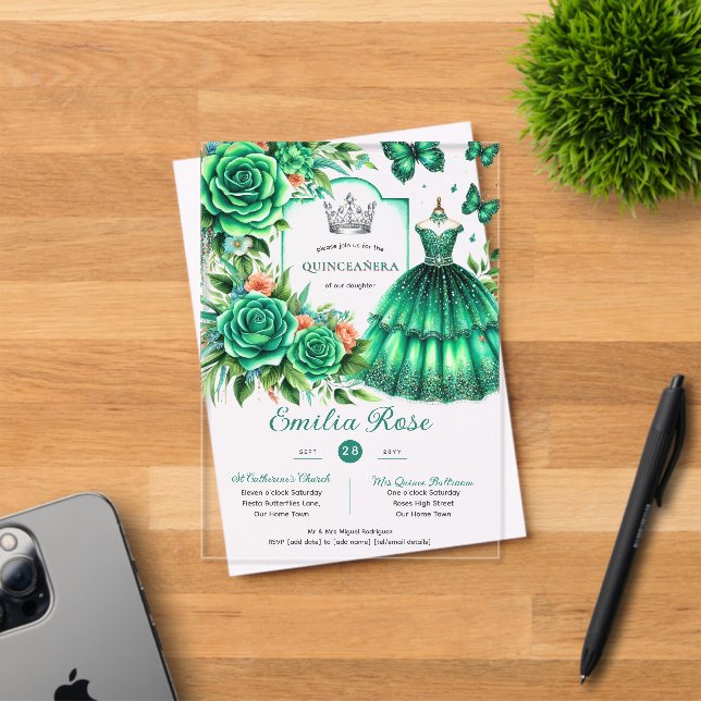 Emerald Sweet15 QUINCEANERA Green Dress Butterfly Acryleinladungen (Insitu (Einladungskarte))
