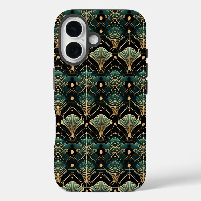 Emerald und Gold Art Deco inspiriert Lüfter iPhone 16 Hülle (Rückseite)