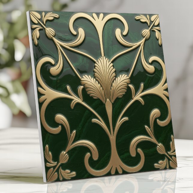 Emerald und Gold Art Nouveau Floral Fliese (Von Creator hochgeladen)