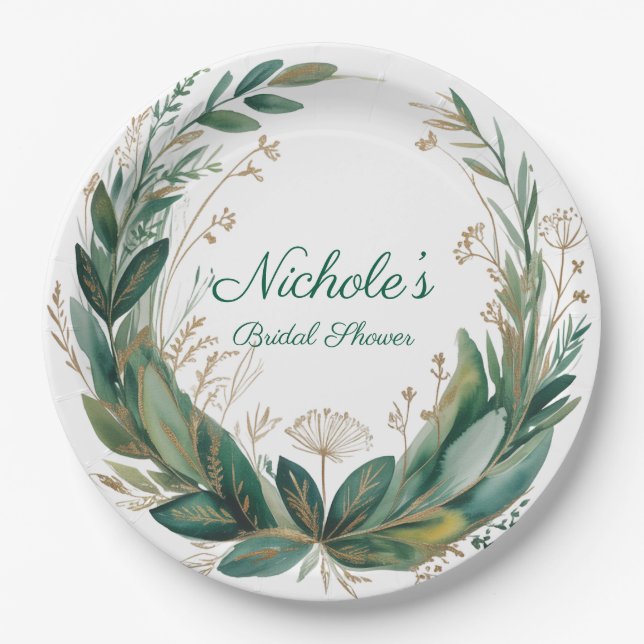 Emerald- und Gold-Blumen-Brautparty Pappteller (Vorderseite)