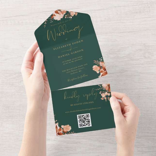 Emerald und Gold Floral QR Code Hochzeit im Herbst All In One Einladung (Abreißen)