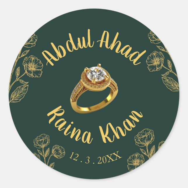 Emerald und Gold Floral Verlobung Ring Runder Aufkleber (Vorderseite)