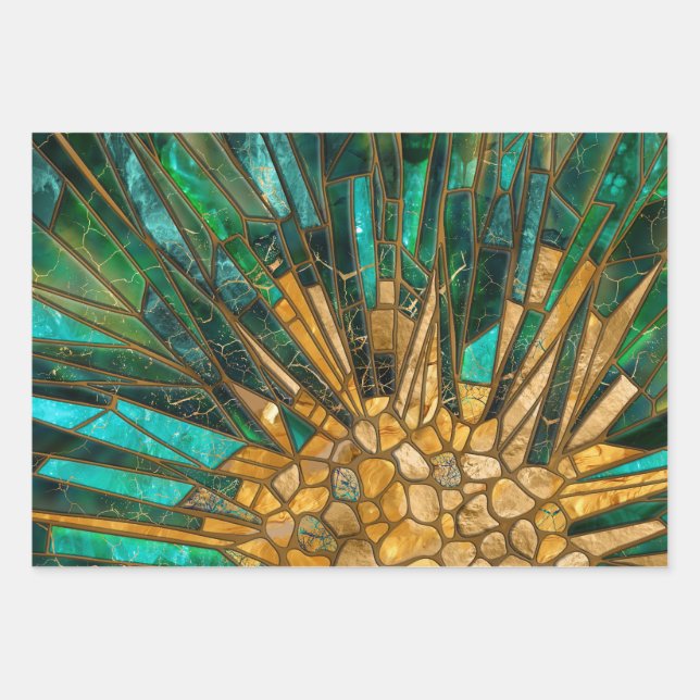 Emerald- und Goldzellen-Mosaik abstrakt Geschenkpapier Set (Vorderseite)
