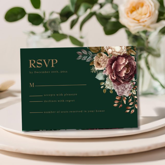Emerald vert moderne mariage floral carte RSVP (Créateur téléchargé)