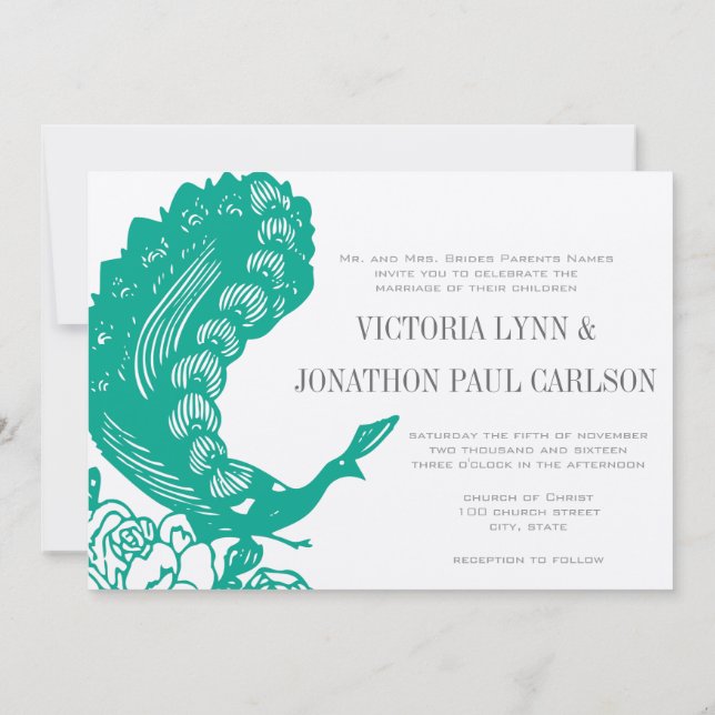 Emerald Vintage moderne Peacock Wedding Invitation (Dos)