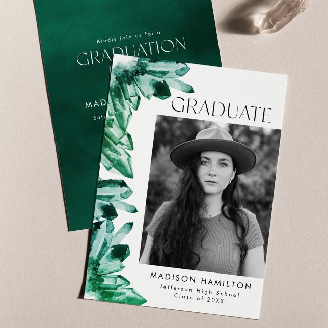 Emerald Watercolor Crystal Foto Graduation Party Einladung (Von Creator hochgeladen)
