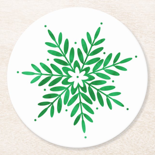 Emerald Watercolor Snowflake Runder Pappuntersetzer (Vorderseite)