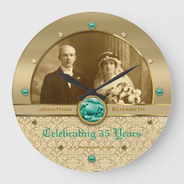 Emerald Wedding Anniversary Green Gem Damask Photo Große Wanduhr (Vorderseite)