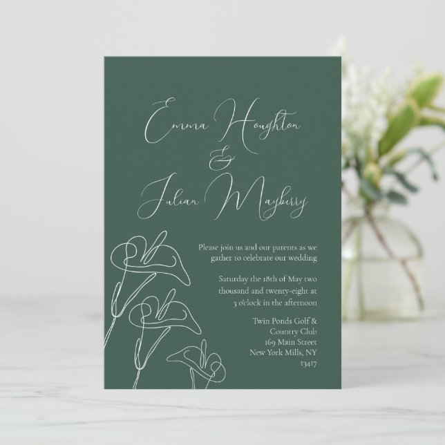 Emerald White Calla Lily Calligraphy Wedding Einladung (Stehend Vorderseite)