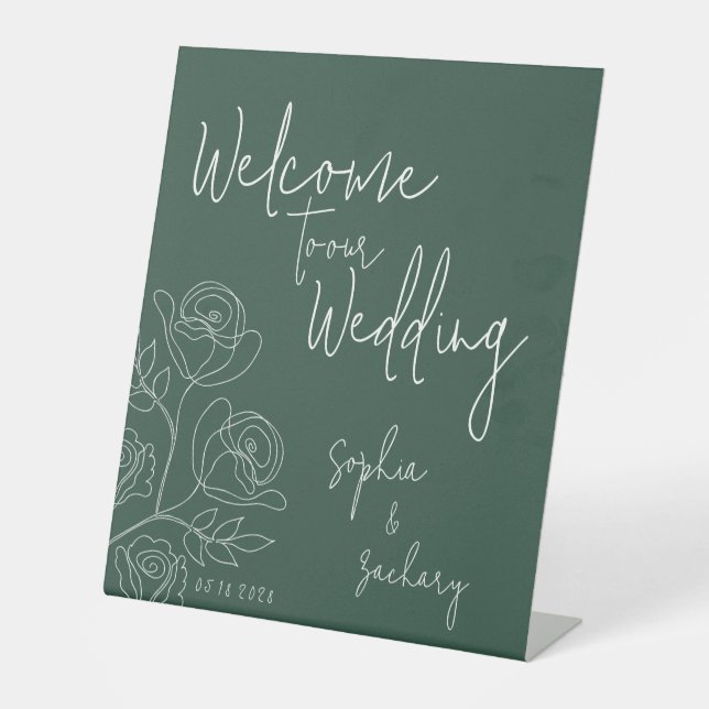 Emerald White Roses Calligraphy Begrüßung Sockelschild (Vorderseite)