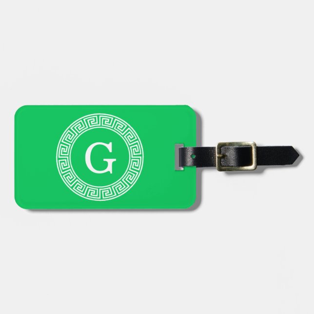 Emerald Wht Greek Key Rnd Frame Initial Monogram Gepäckanhänger (Vorderseite horizontal)