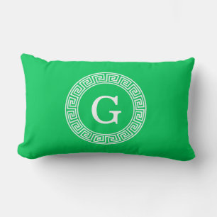 Emerald Wht Greek Key Rnd Frame Initial Monogram Lendenkissen
