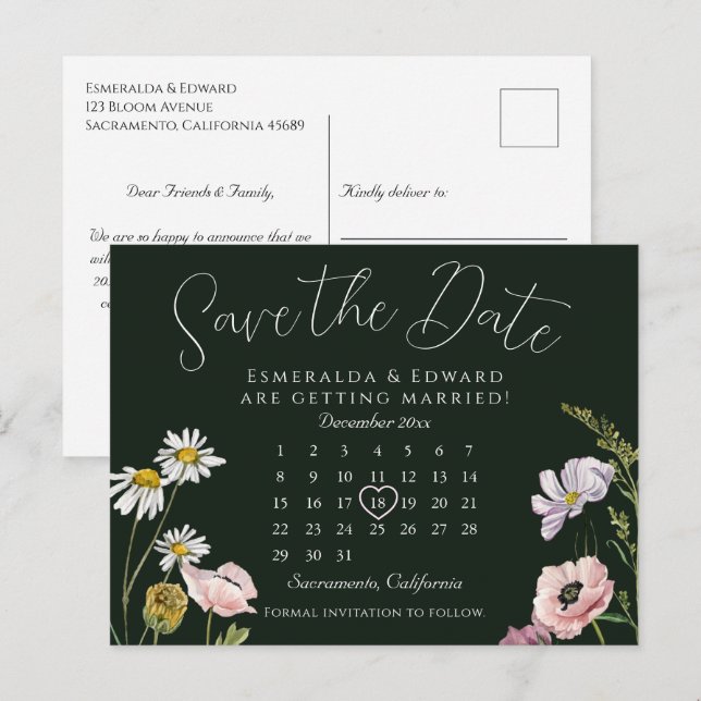 Emerald Wild Flower Wedding Calendar Save The Date Ankündigungspostkarte (Vorne/Hinten)
