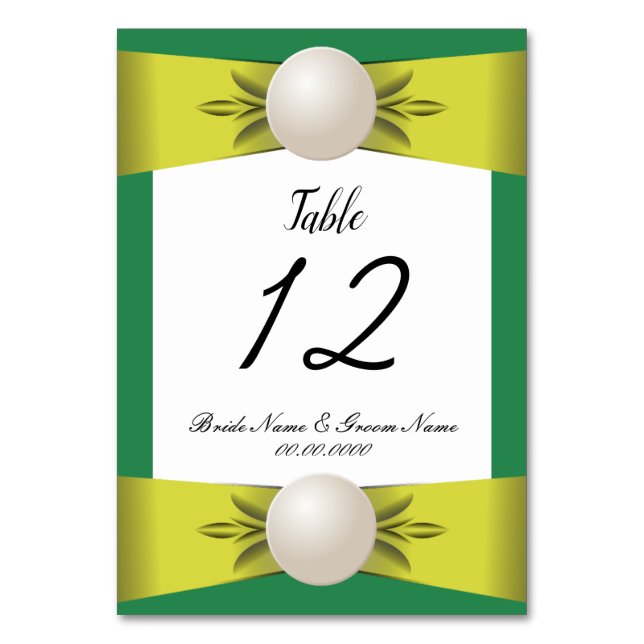 Emerald & Yellow Pearl Ribbon Wedding Tischnummer (Vorderseite)