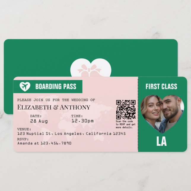 Emeraldgrün & Soft Blush Boarding Pass Hochzeitsei Einladung (Vorne/Hinten)