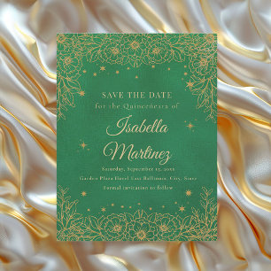 Emeraldgrüne Gold-Blumen-Sterne Quinceañera Save The Date